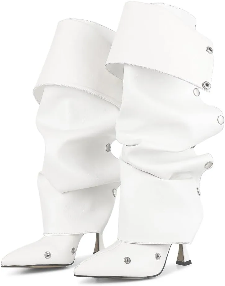 Mattiventon Women's Stiletto Knee High Boots Slouchy High Heel Boots Pointed Toe Boot with Zipper Fashion Slouchy Ruched Boot