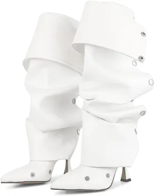 Mattiventon Women's Stiletto Knee High Boots Slouchy High Heel Boots Pointed Toe Boot with Zipper Fashion Slouchy Ruched Boot