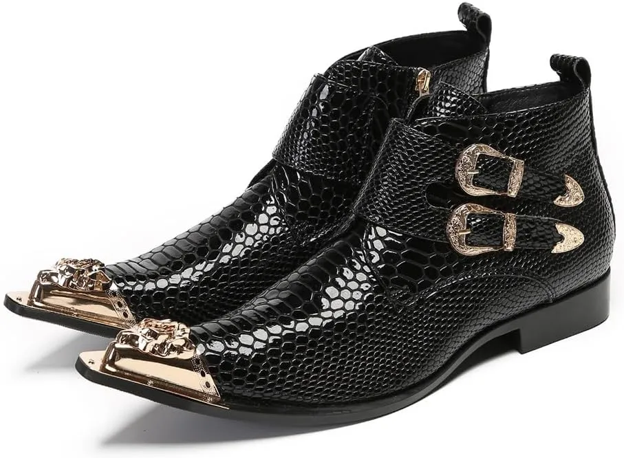Men Ankle Chelsea Boots Stylish Dress Party Handmade Genuine Leather Western Boot Metal Pointed Toe Double Monk Straps Cowboy Boots for Men ?