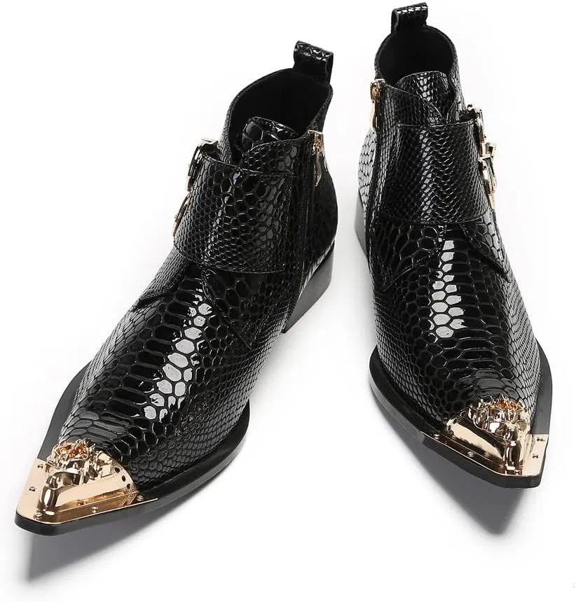 Men Ankle Chelsea Boots Stylish Dress Party Handmade Genuine Leather Western Boot Metal Pointed Toe Double Monk Straps Cowboy Boots for Men ?