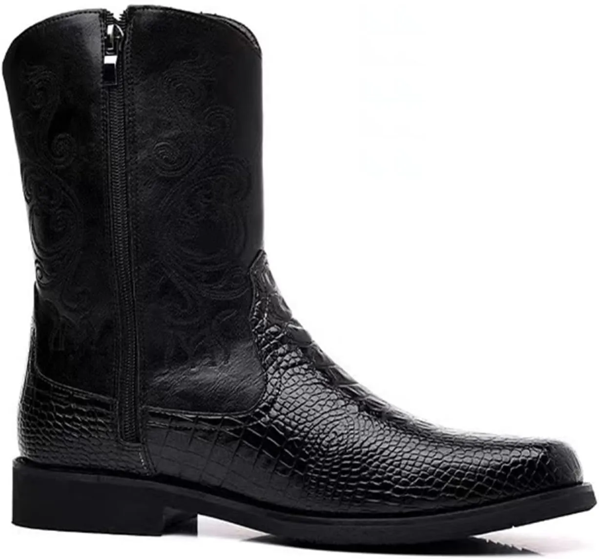 Men Cowboy Boots PU Leather Crocodile-Embossed Boots Vintage Mid-Calf Western Embroidered Boots Wear-Resistant Heel