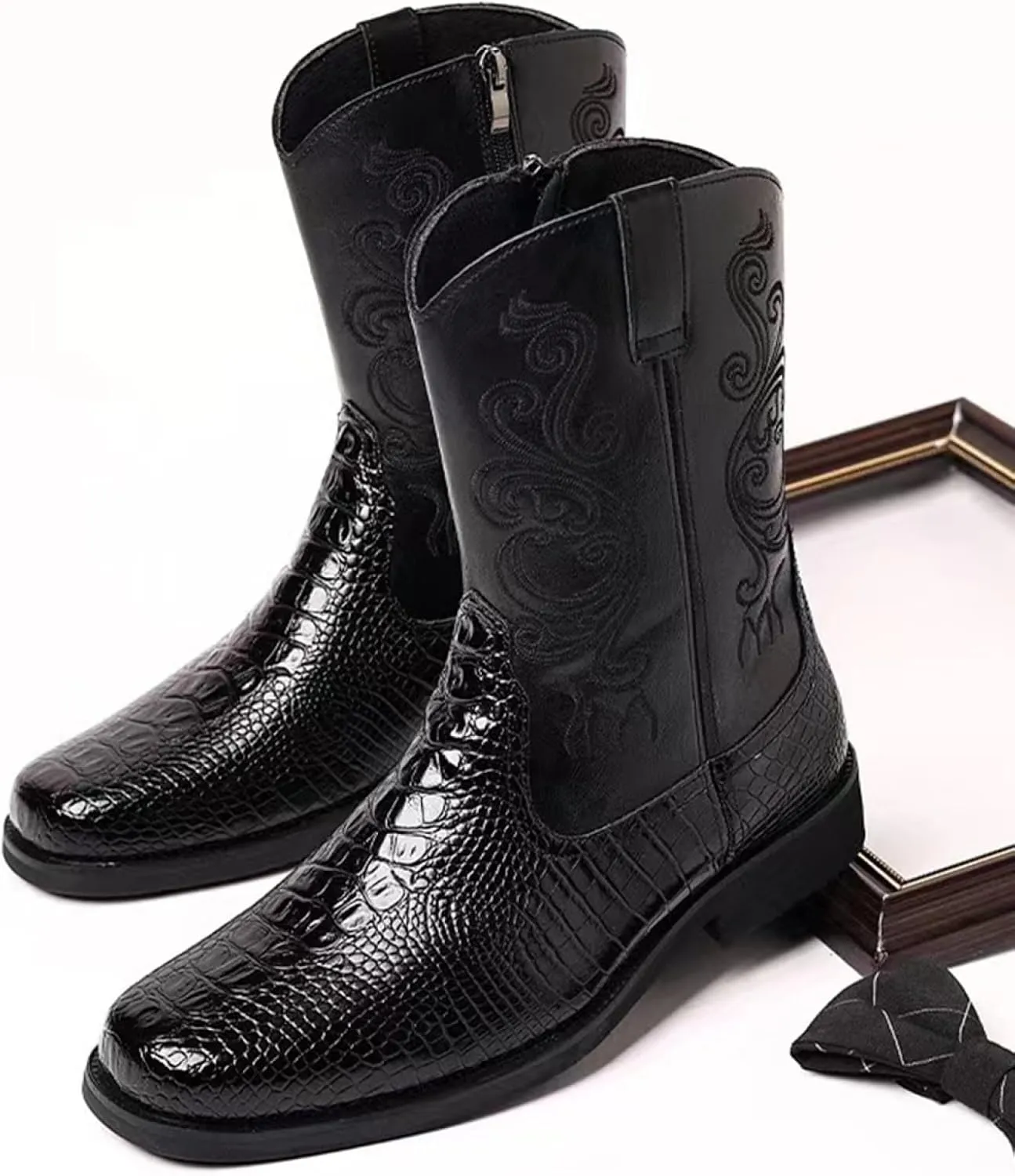 Men Cowboy Boots PU Leather Crocodile-Embossed Boots Vintage Mid-Calf Western Embroidered Boots Wear-Resistant Heel
