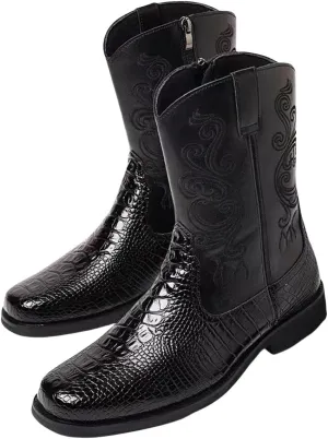 Men Cowboy Boots PU Leather Crocodile-Embossed Boots Vintage Mid-Calf Western Embroidered Boots Wear-Resistant Heel