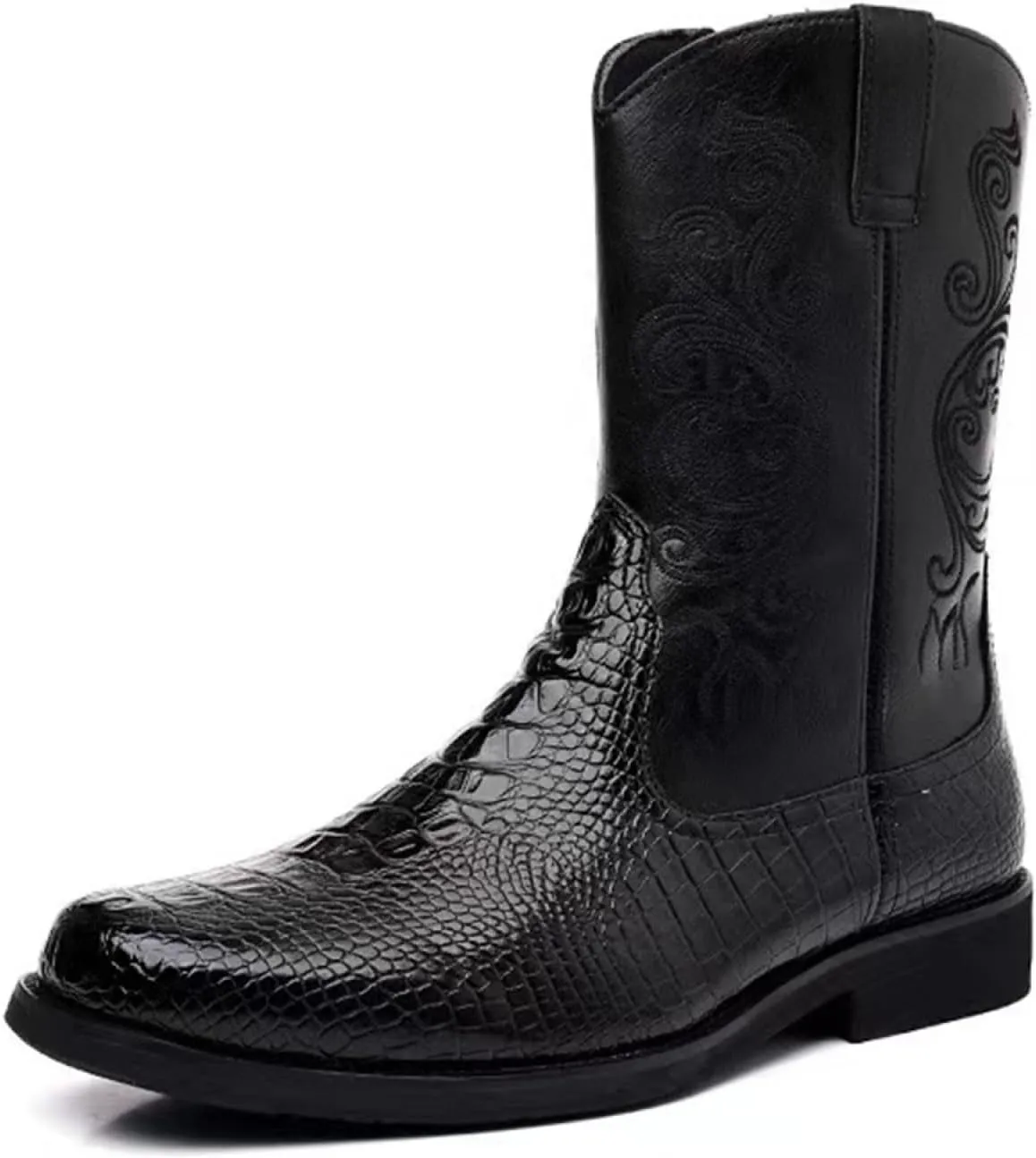 Men Cowboy Boots PU Leather Crocodile-Embossed Boots Vintage Mid-Calf Western Embroidered Boots Wear-Resistant Heel