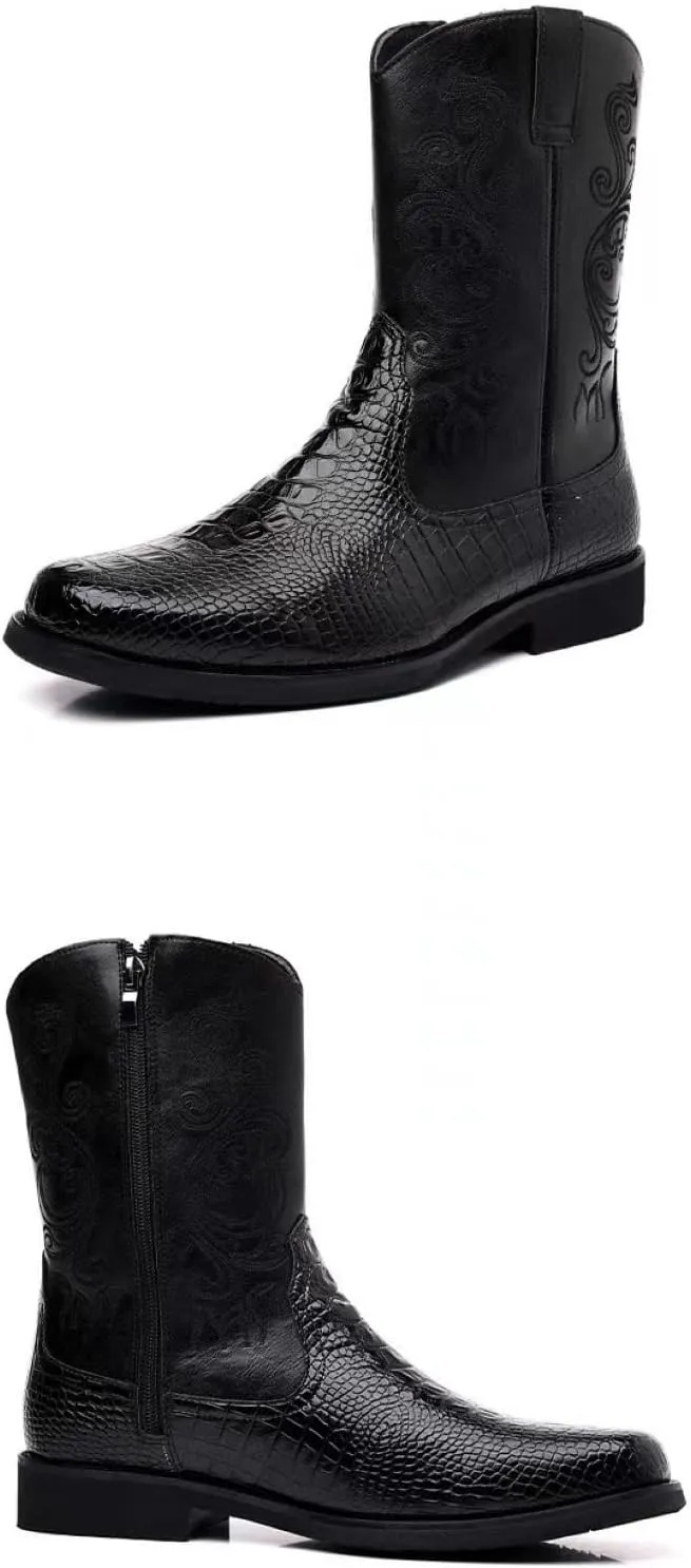 Men Cowboy Boots PU Leather Crocodile-Embossed Boots Vintage Mid-Calf Western Embroidered Boots Wear-Resistant Heel