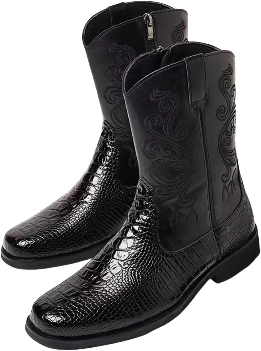 Men Cowboy Boots PU Leather Crocodile-Embossed Boots Vintage Mid-Calf Western Embroidered Boots Wear-Resistant Heel