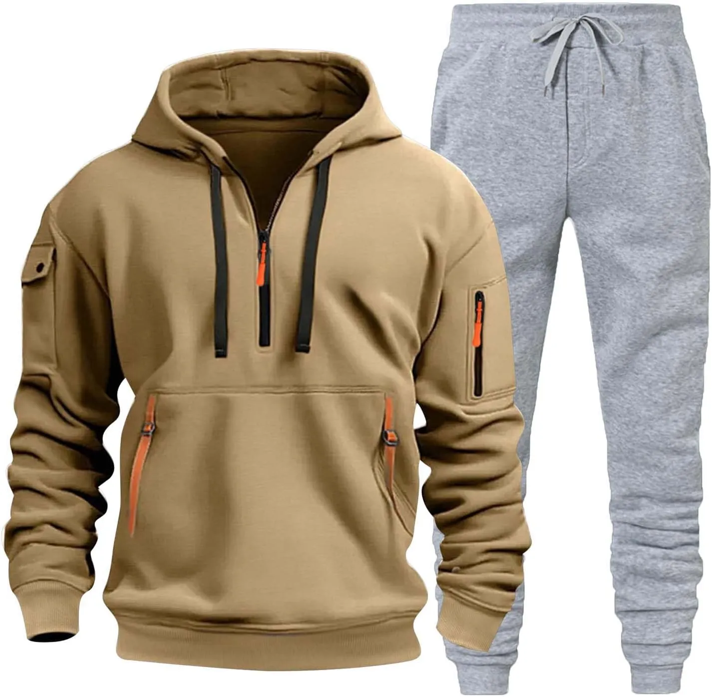 Mens 2 Piece Outfits Sweatsuit Oversized Sweatshirt Lounge Sets Baggy Sweatpants Fall Orange Tracksuit with Pockets
