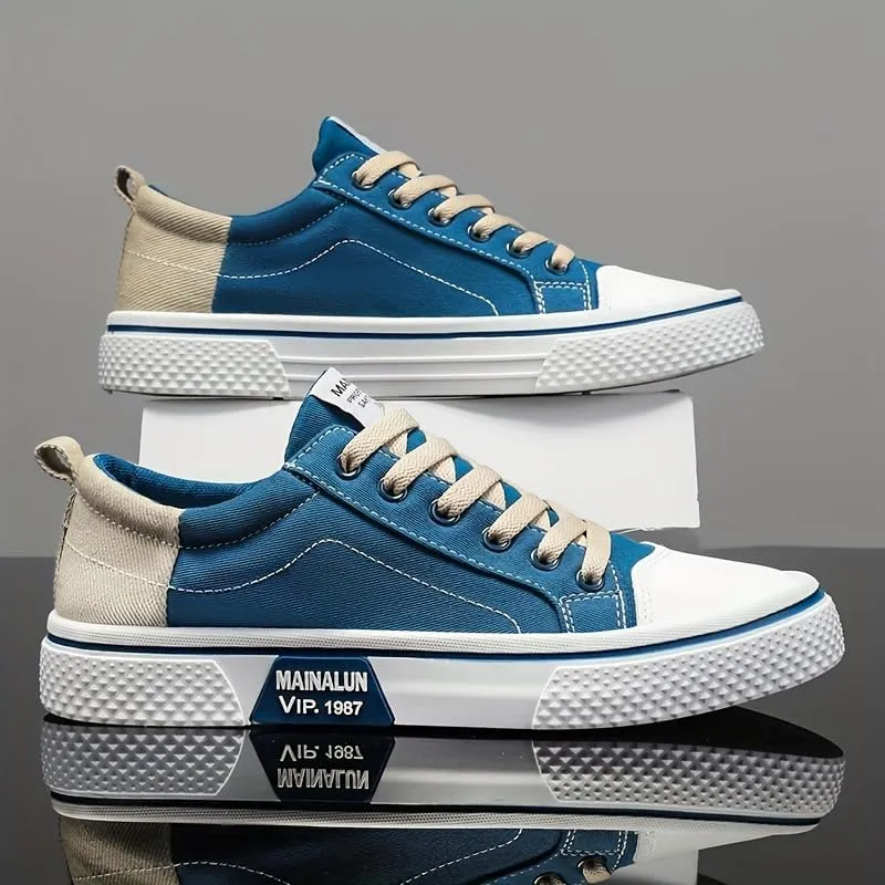Men's Breathable Canvas Sneakers - Casual Low-Top Lace-Up Shoes with Non-Slip PVC Sole, Two-Tone Orange & Beige Design, Comfortable for All Seasons, Everyday | Twotone Design | Durable PVC Sole,