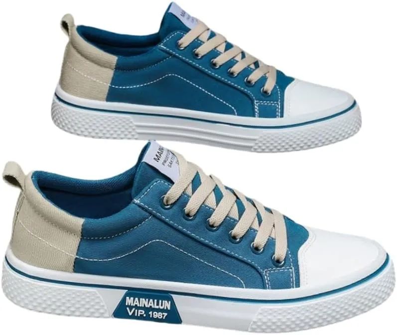 Men's Breathable Canvas Sneakers - Casual Low-Top Lace-Up Shoes with Non-Slip PVC Sole, Two-Tone Orange & Beige Design, Comfortable for All Seasons, Everyday | Twotone Design | Durable PVC Sole,
