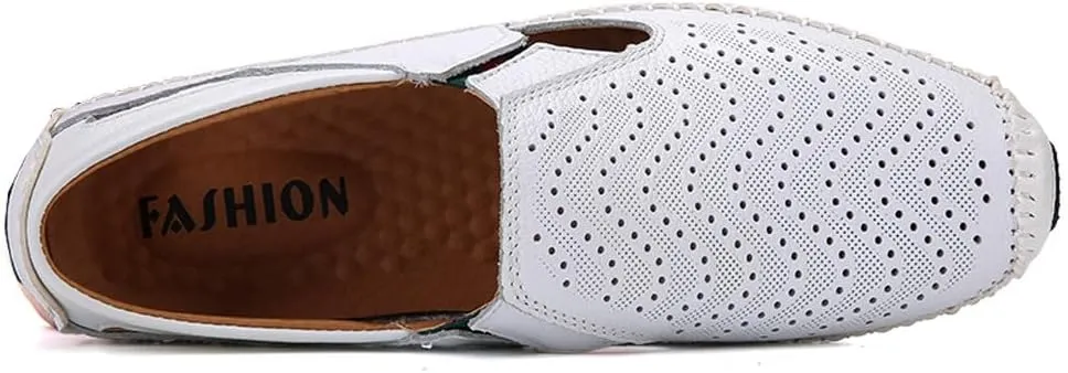 Men's Breathable Summer Genuine Leather Sandal Perforated Casual Walking Driving Flats Shoes