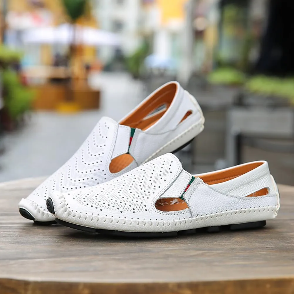 Men's Breathable Summer Genuine Leather Sandal Perforated Casual Walking Driving Flats Shoes