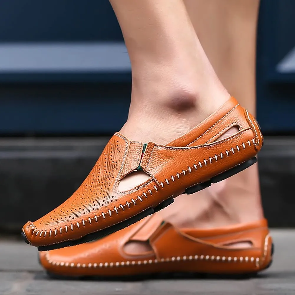 Men's Breathable Summer Genuine Leather Sandal Perforated Casual Walking Driving Flats Shoes