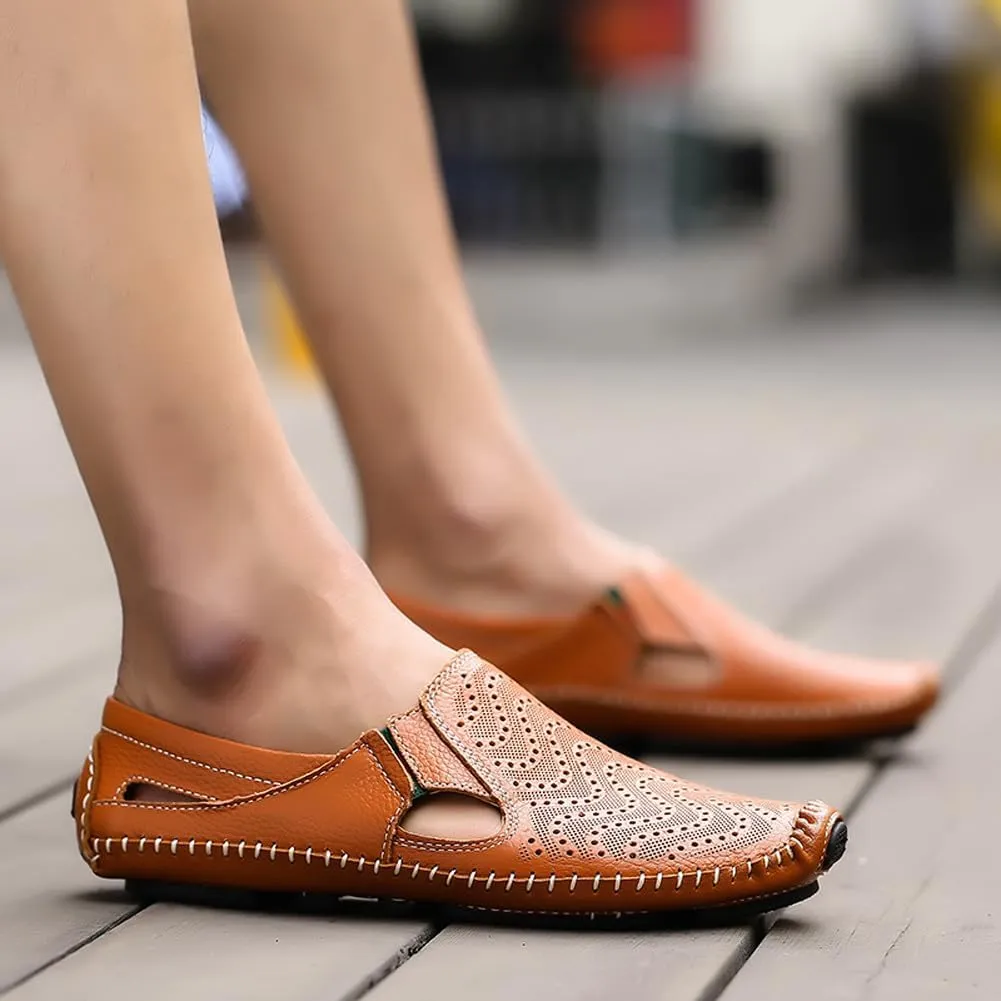 Men's Breathable Summer Genuine Leather Sandal Perforated Casual Walking Driving Flats Shoes