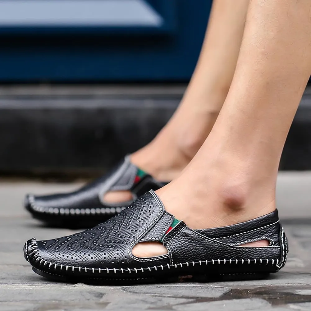 Men's Breathable Summer Genuine Leather Sandal Perforated Casual Walking Driving Flats Shoes