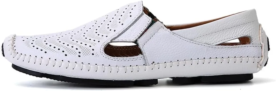 Men's Breathable Summer Genuine Leather Sandal Perforated Casual Walking Driving Flats Shoes