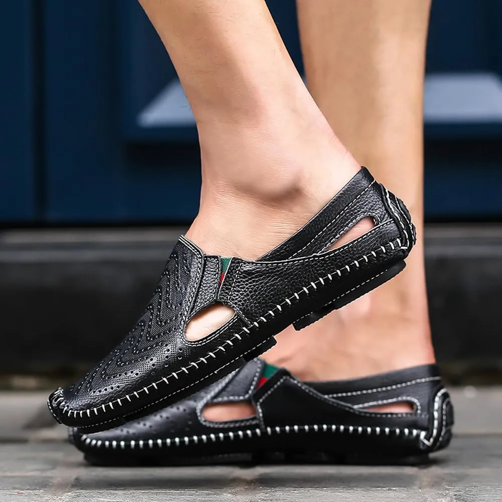 Men's Breathable Summer Genuine Leather Sandal Perforated Casual Walking Driving Flats Shoes