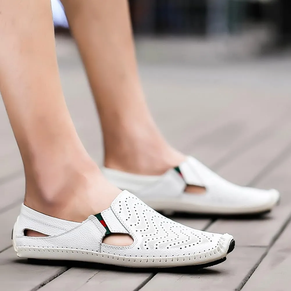 Men's Breathable Summer Genuine Leather Sandal Perforated Casual Walking Driving Flats Shoes