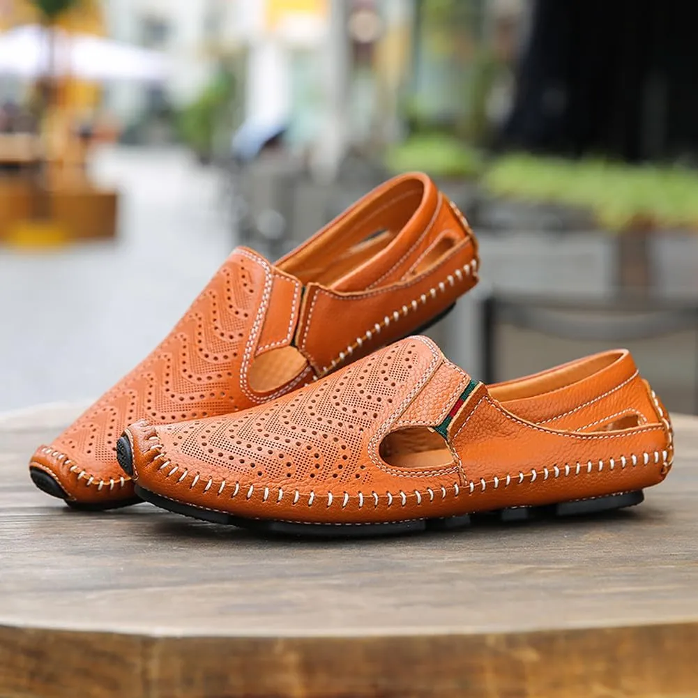 Men's Breathable Summer Genuine Leather Sandal Perforated Casual Walking Driving Flats Shoes