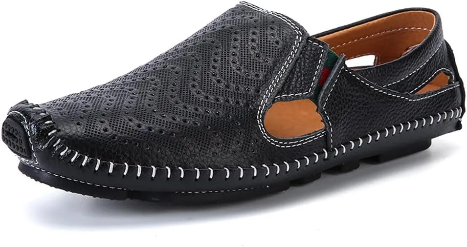 Men's Breathable Summer Genuine Leather Sandal Perforated Casual Walking Driving Flats Shoes