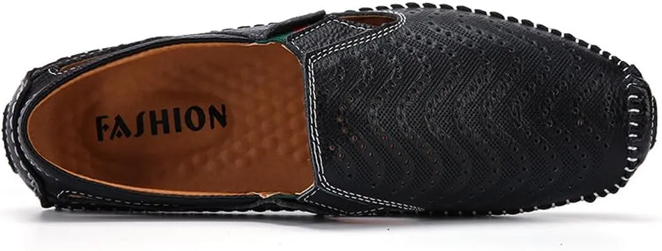 Men's Breathable Summer Genuine Leather Sandal Perforated Casual Walking Driving Flats Shoes