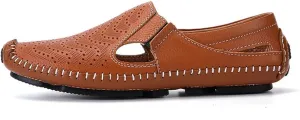 Men's Breathable Summer Genuine Leather Sandal Perforated Casual Walking Driving Flats Shoes
