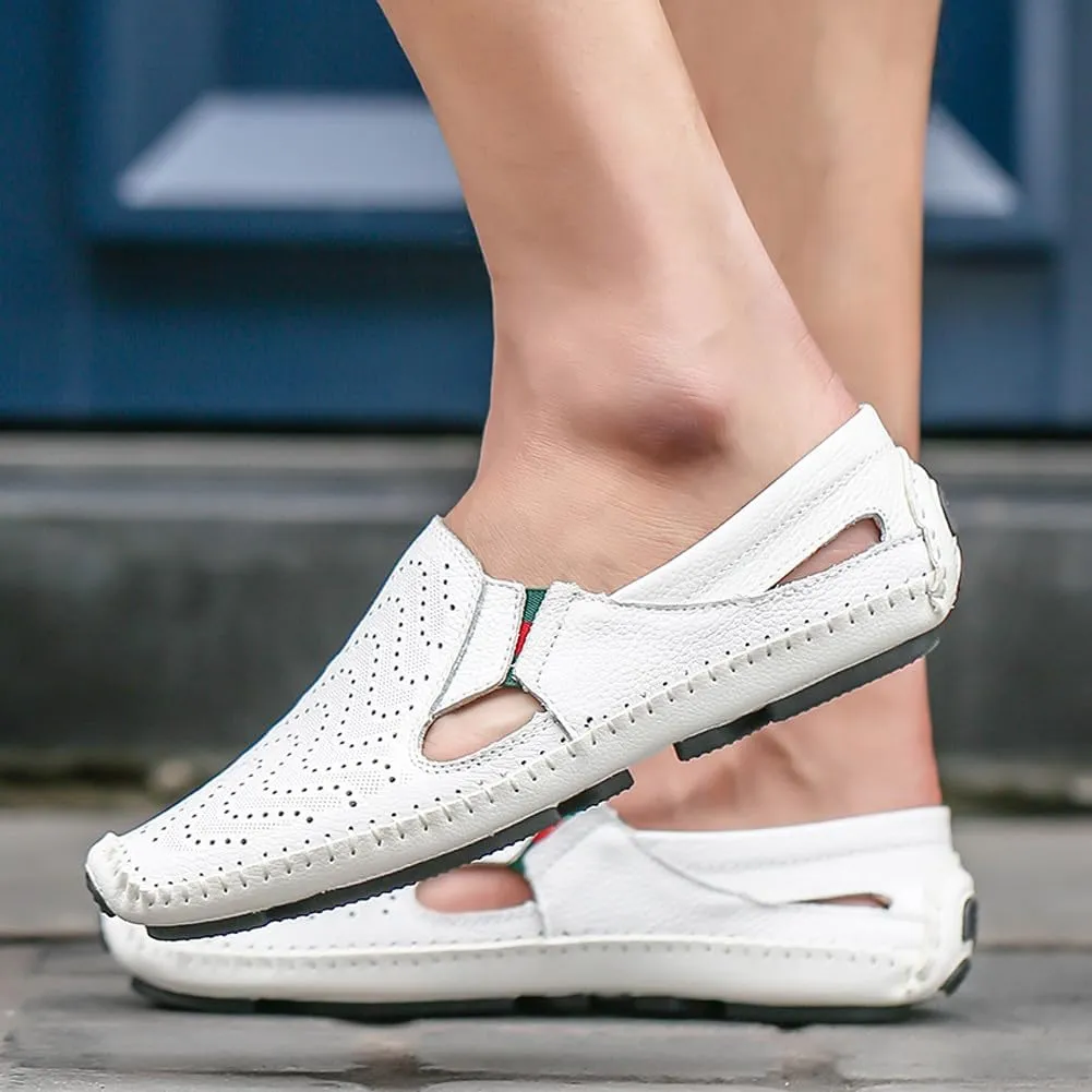 Men's Breathable Summer Genuine Leather Sandal Perforated Casual Walking Driving Flats Shoes