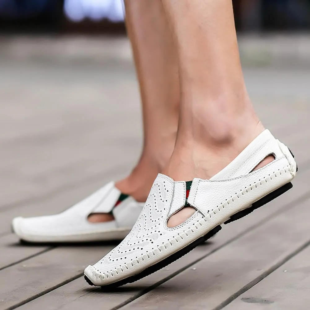 Men's Breathable Summer Genuine Leather Sandal Perforated Casual Walking Driving Flats Shoes