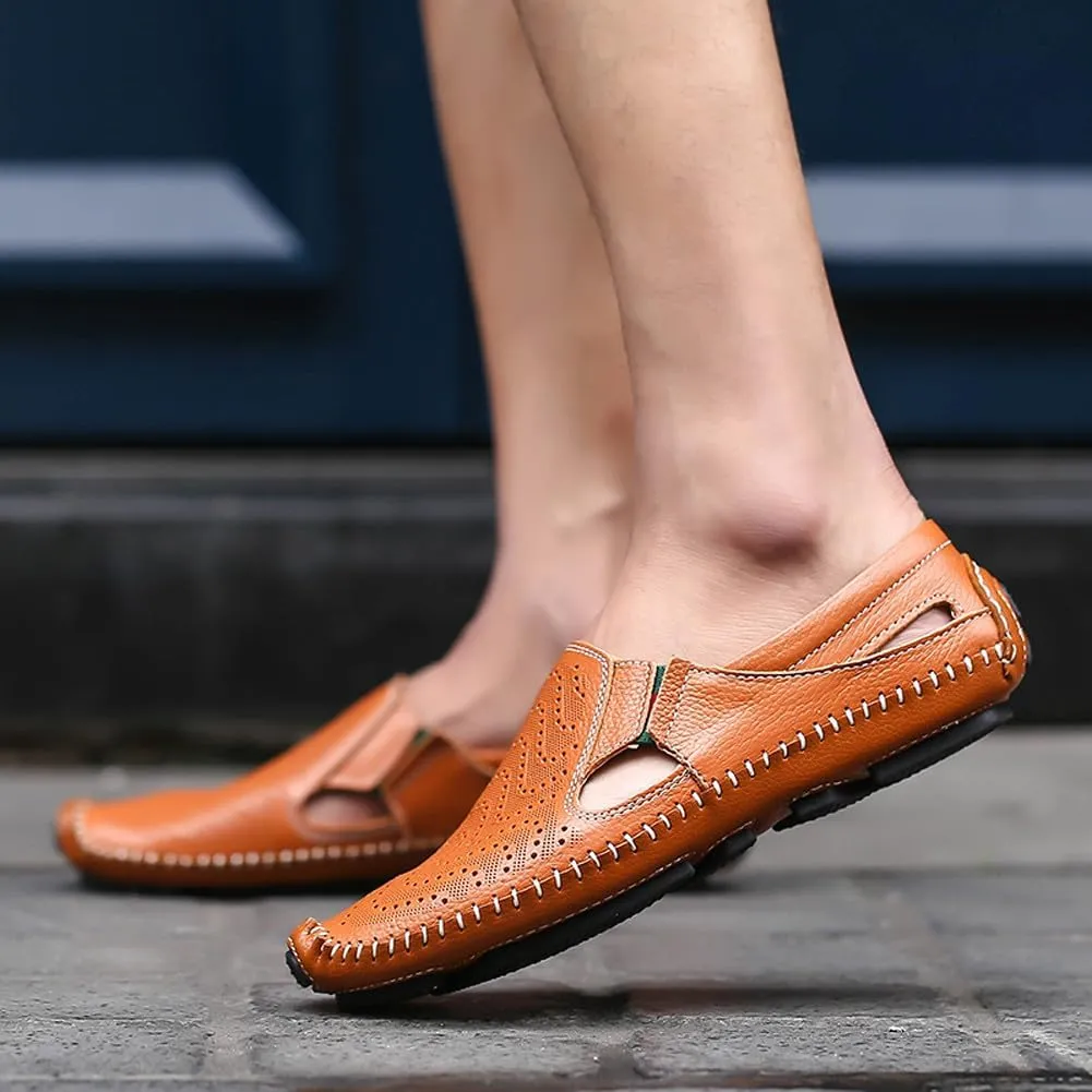 Men's Breathable Summer Genuine Leather Sandal Perforated Casual Walking Driving Flats Shoes