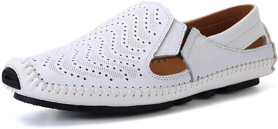 Men's Breathable Summer Genuine Leather Sandal Perforated Casual Walking Driving Flats Shoes