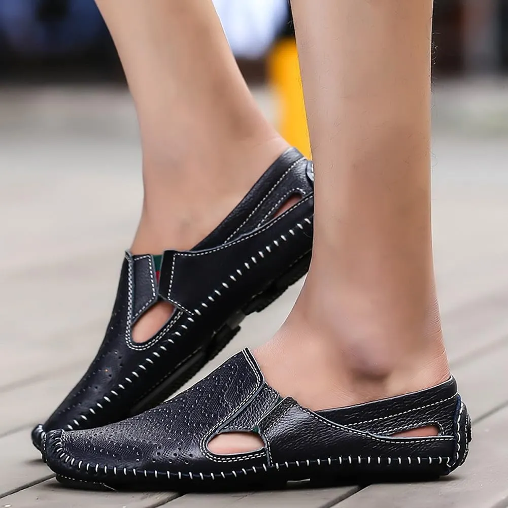 Men's Breathable Summer Genuine Leather Sandal Perforated Casual Walking Driving Flats Shoes