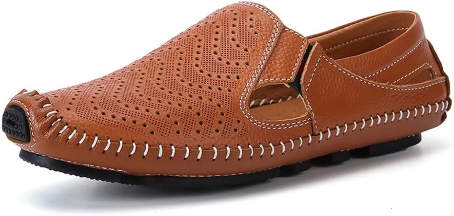 Men's Breathable Summer Genuine Leather Sandal Perforated Casual Walking Driving Flats Shoes