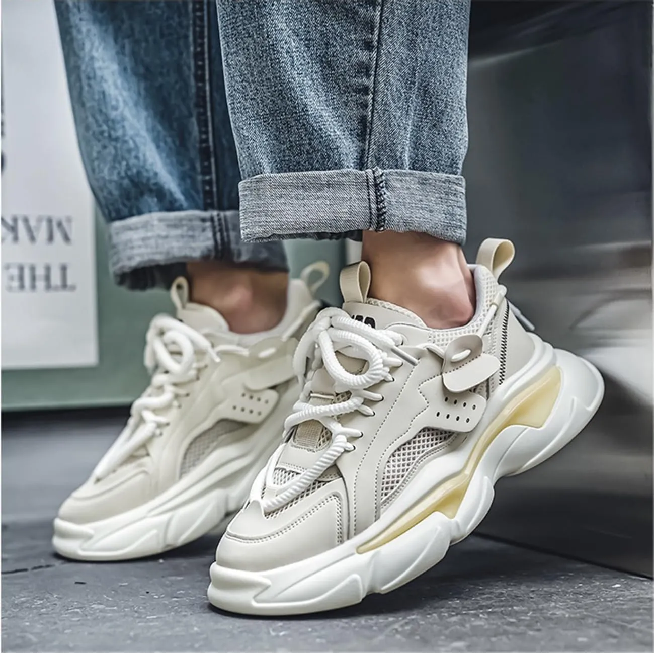 Mens Chunky Walking Shoes Fashion Colorblock Sneakers Lightweight Breathable Retro Casual Shoes