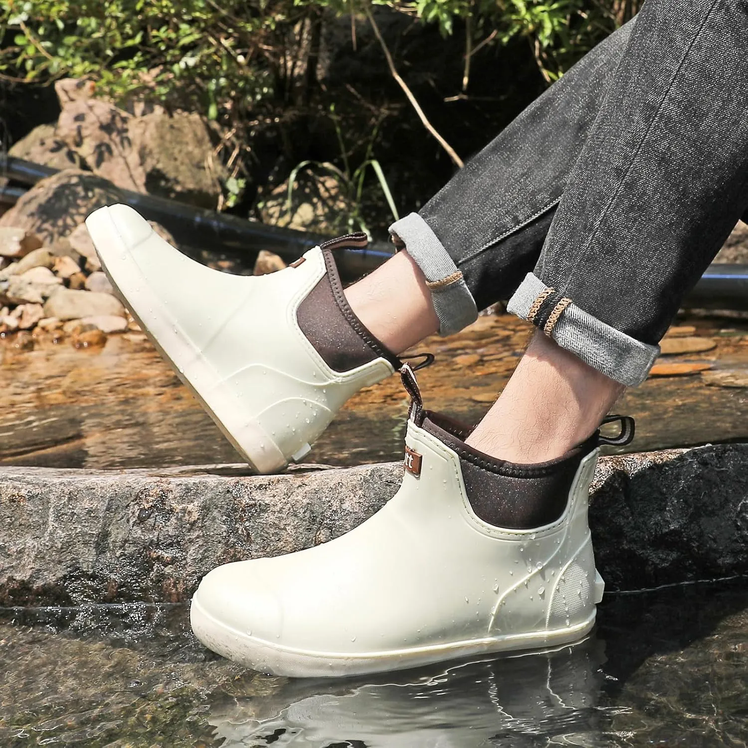 Men's Deck Boots Waterproof Fishing Rain Boots, Anti-Slip Rubber Boots Ankle Booties, High-Performance Footwear Chelsea Boots for Gardening Boating Camping Sailing