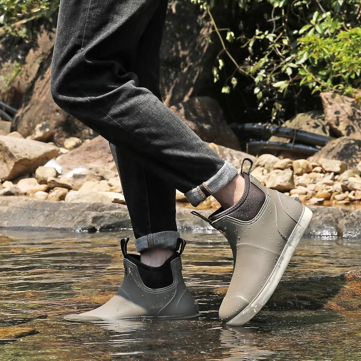 Men's Deck Boots Waterproof Fishing Rain Boots, Anti-Slip Rubber Boots Ankle Booties, High-Performance Footwear Chelsea Boots for Gardening Boating Camping Sailing