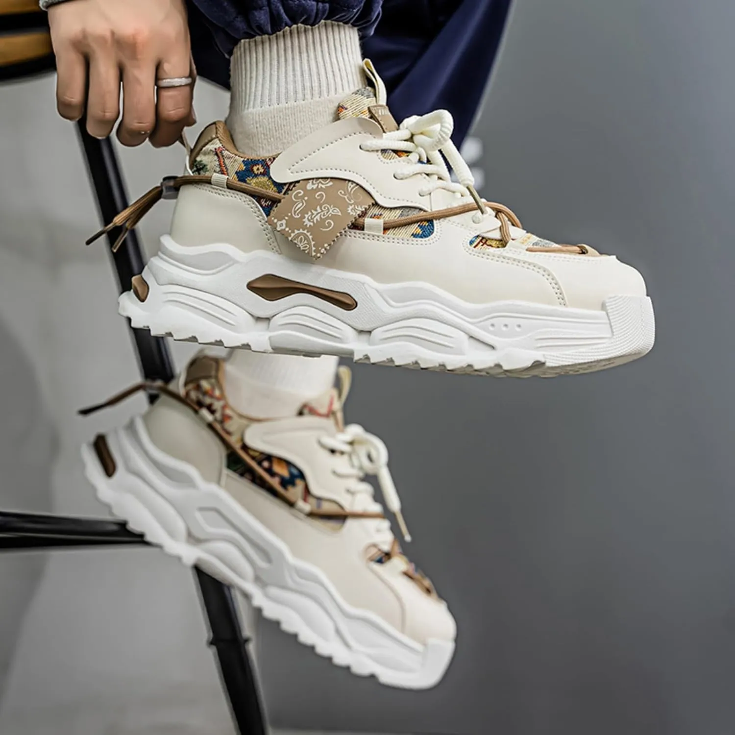 Men's Durable Chunky Sole Sneakers - Slip-Proof Walking Shoes with Canvas & Leather Mix All-Season Comfort for Urban Exploration