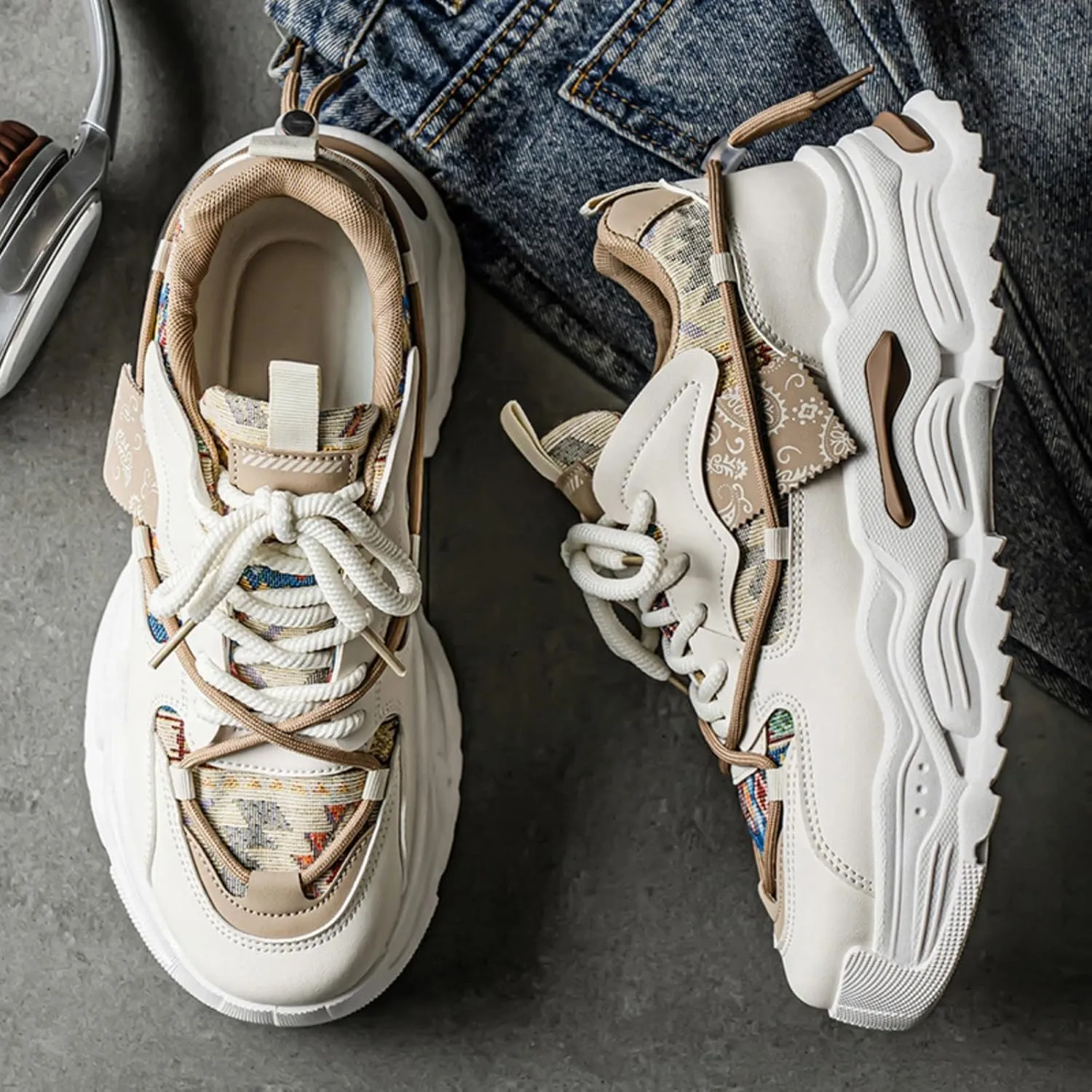 Men's Durable Chunky Sole Sneakers - Slip-Proof Walking Shoes with Canvas & Leather Mix All-Season Comfort for Urban Exploration