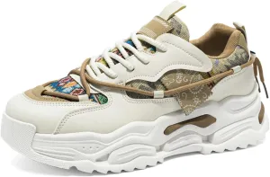Men's Durable Chunky Sole Sneakers - Slip-Proof Walking Shoes with Canvas & Leather Mix All-Season Comfort for Urban Exploration