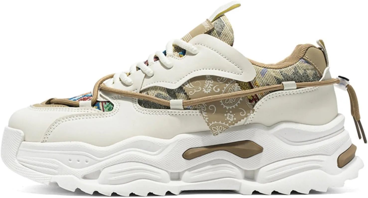 Men's Durable Chunky Sole Sneakers - Slip-Proof Walking Shoes with Canvas & Leather Mix All-Season Comfort for Urban Exploration