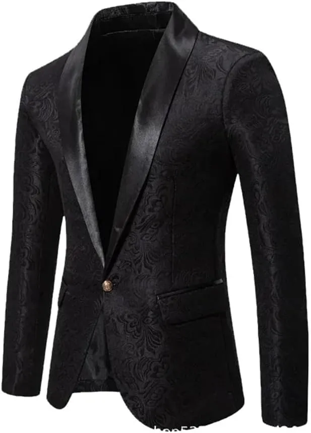 Men’S European Jacquard Single Breasted Wedding Blazer Jacket with Long Sleeve Regular Length for Banquet