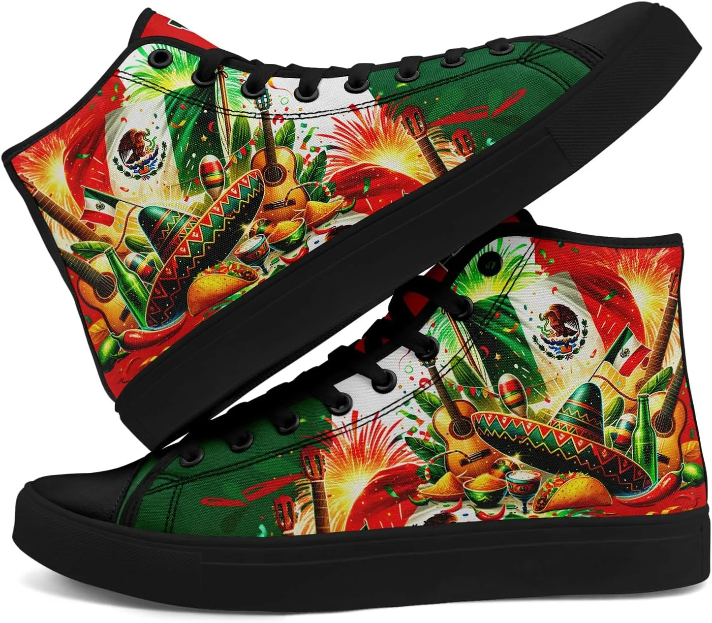 Men's Mexican Flag High-Top Canvas Sneakers Women's Mexico Lace-Up Shoes Gift Comfortable Stylish Streetwear Footwear