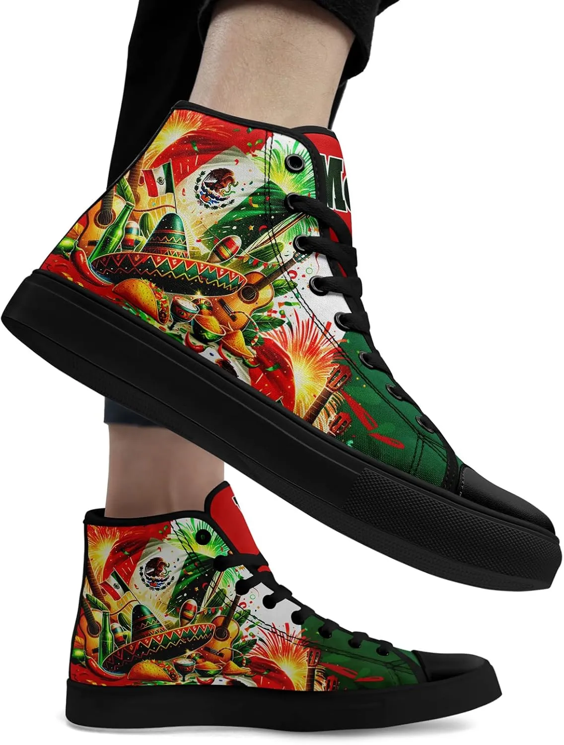 Men's Mexican Flag High-Top Canvas Sneakers Women's Mexico Lace-Up Shoes Gift Comfortable Stylish Streetwear Footwear