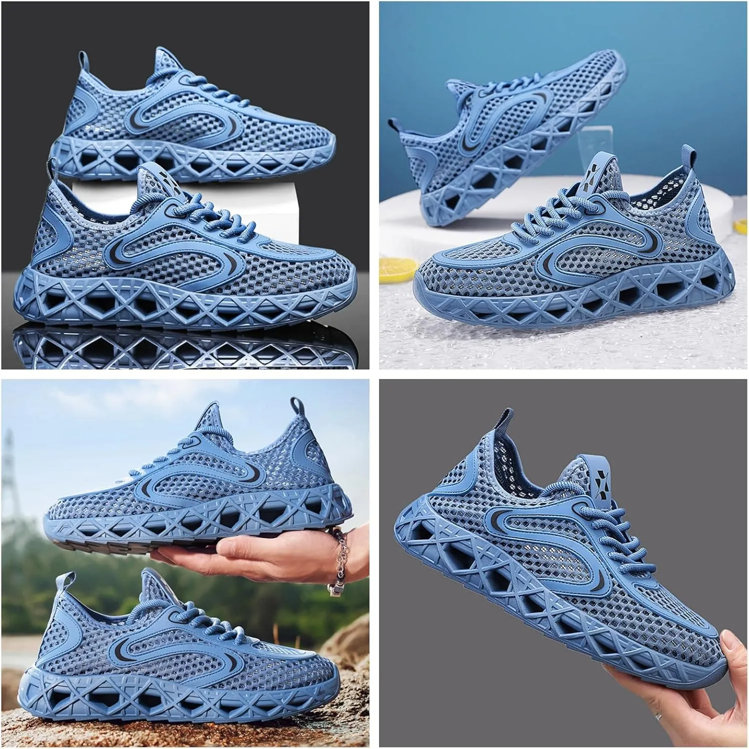 Men's Quick-Dry Breathable Hiking Shoes - Mesh Sneakers with Geometric Cutout Sole & Anti-Slip Traction for Trail Running Summer Wetland Trekking Adjustable Heel Pull Tab Lightweight Design