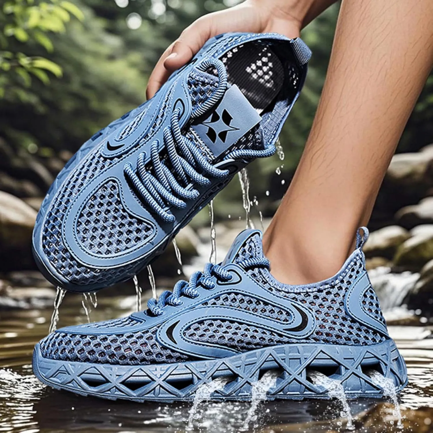 Men's Quick-Dry Breathable Hiking Shoes - Mesh Sneakers with Geometric Cutout Sole & Anti-Slip Traction for Trail Running Summer Wetland Trekking Adjustable Heel Pull Tab Lightweight Design