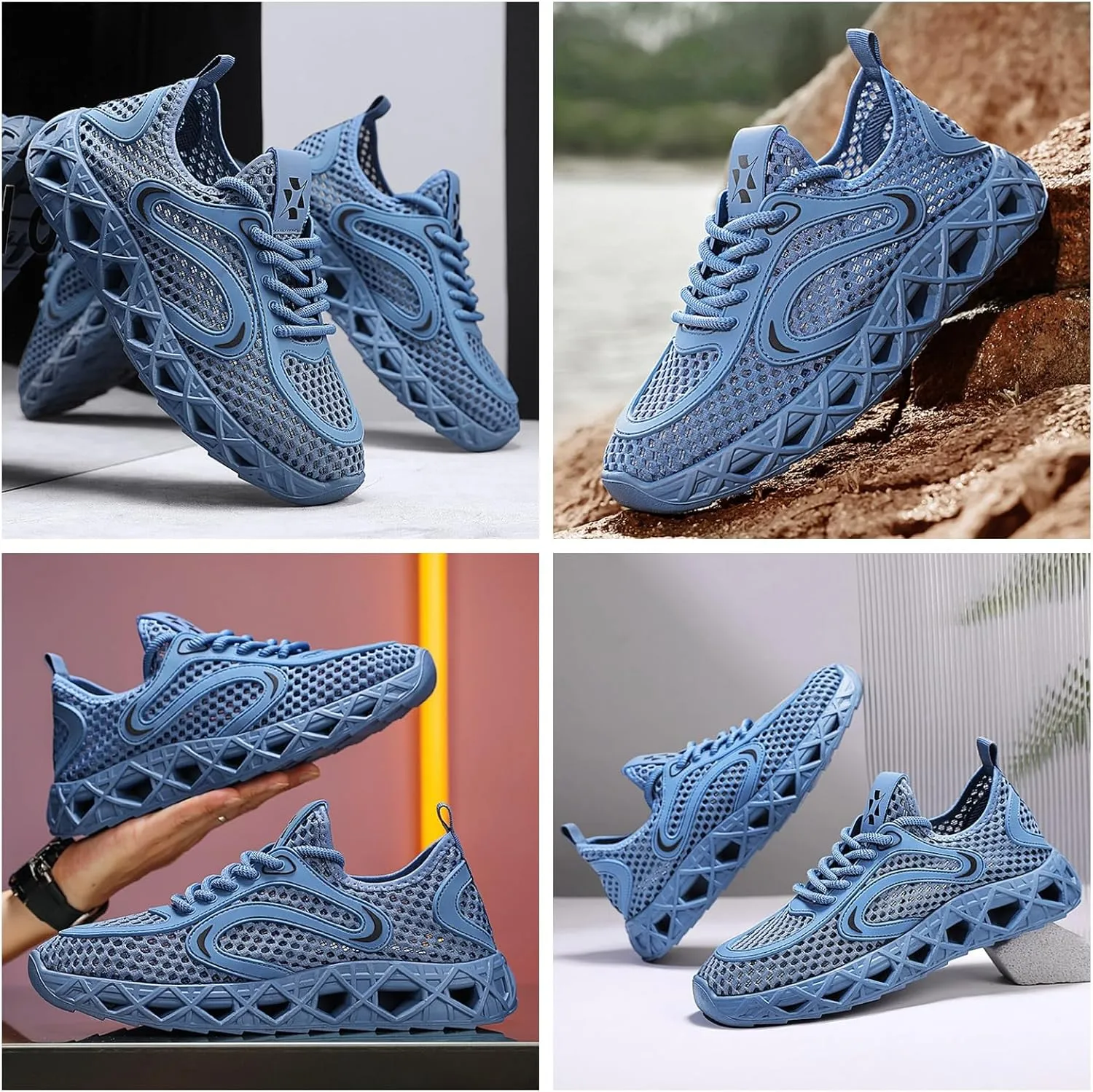 Men's Quick-Dry Breathable Hiking Shoes - Mesh Sneakers with Geometric Cutout Sole & Anti-Slip Traction for Trail Running Summer Wetland Trekking Adjustable Heel Pull Tab Lightweight Design