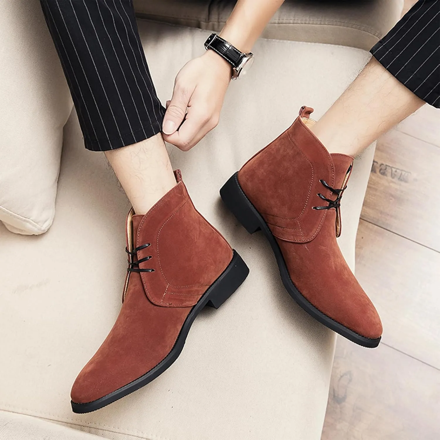 Men's Suede Chukka Ankle Boots Casual Lace Up Low Heel Chelsea Boots Dress Desert Ankle Boots
