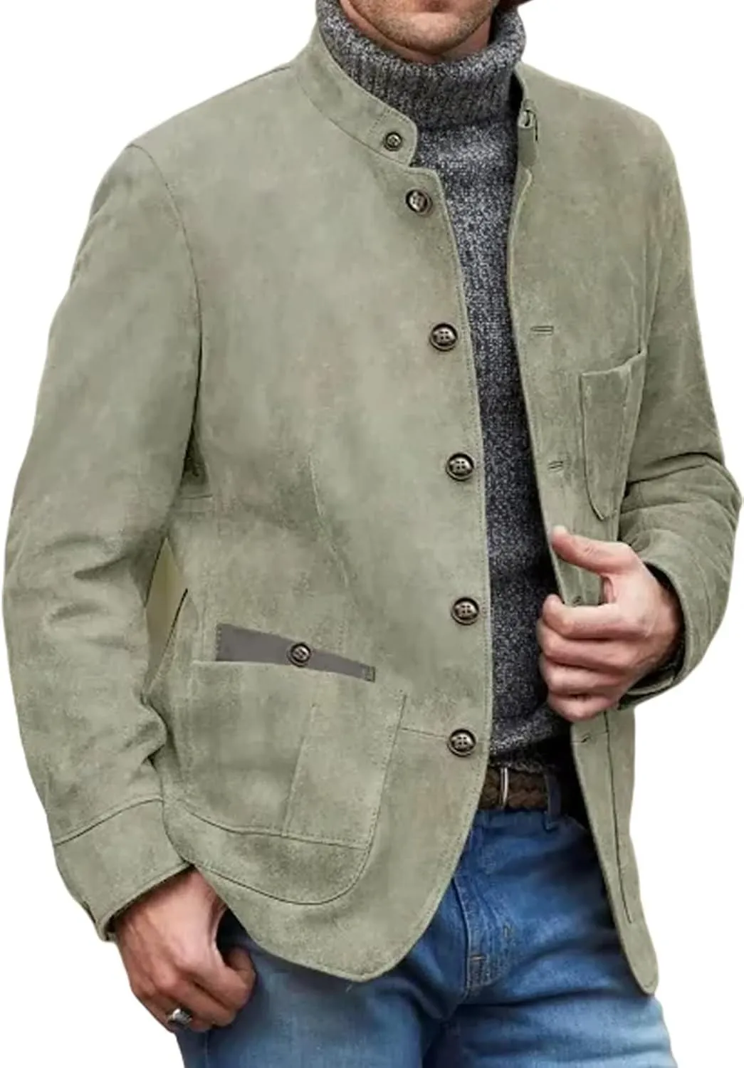 Mens Suede Leather Blazer Dress Coat Dinner Party Wedding Suit Jacket with Lapel