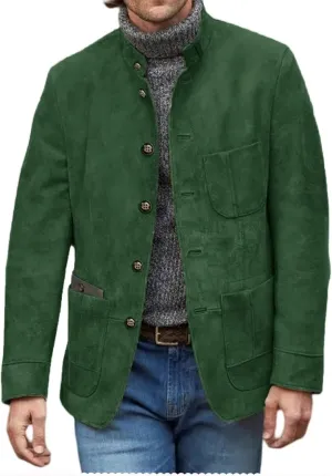 Mens Suede Leather Blazer Dress Coat Dinner Party Wedding Suit Jacket with Lapel