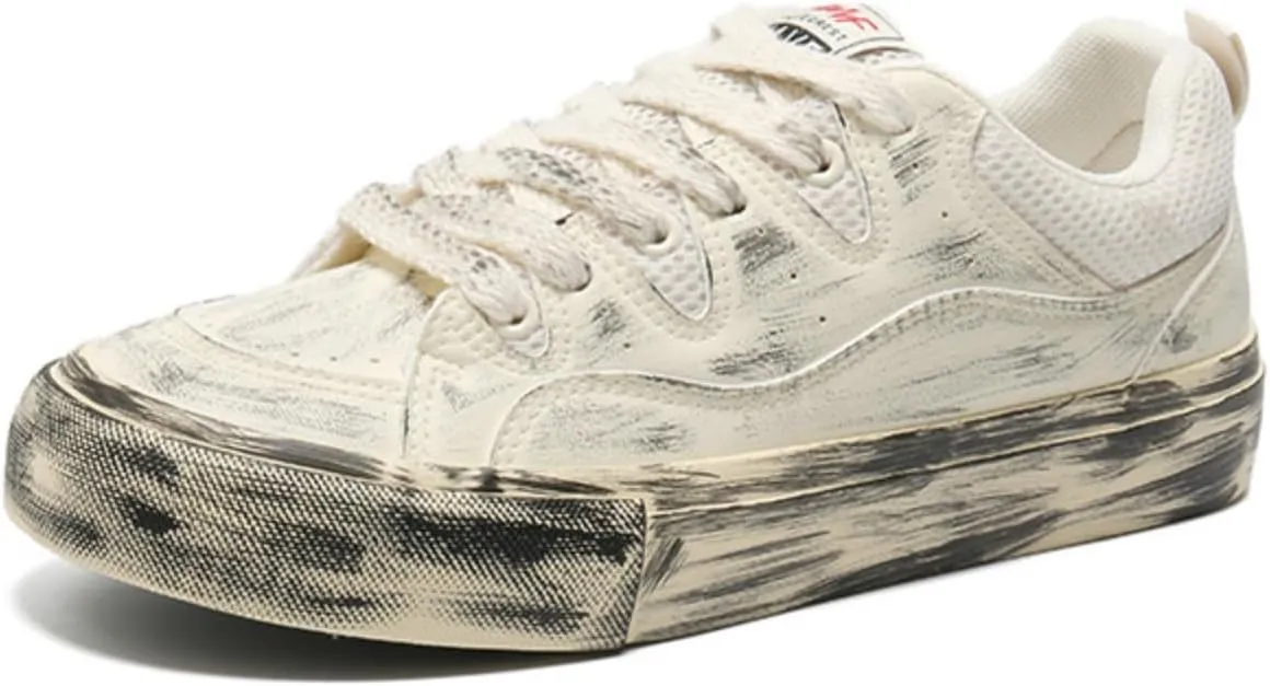 Men's Vintage Distressed Skate Shoes with Breathable Mesh Tongue & Reinforced Heel - Flat Cushioned Sole Casual Sneakers Lightweight Canvas Footwear for Daily Wear & Street Style