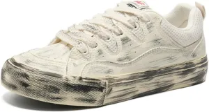 Men's Vintage Distressed Skate Shoes with Breathable Mesh Tongue & Reinforced Heel - Flat Cushioned Sole Casual Sneakers Lightweight Canvas Footwear for Daily Wear & Street Style