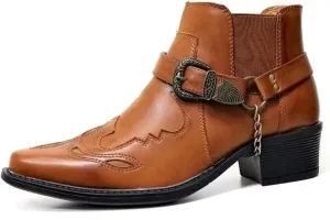 Men's Vintage Pointed Toe Cowboy Boots Fashion Western Personality Belt Buckle Thick Heel Slip-On Bootie